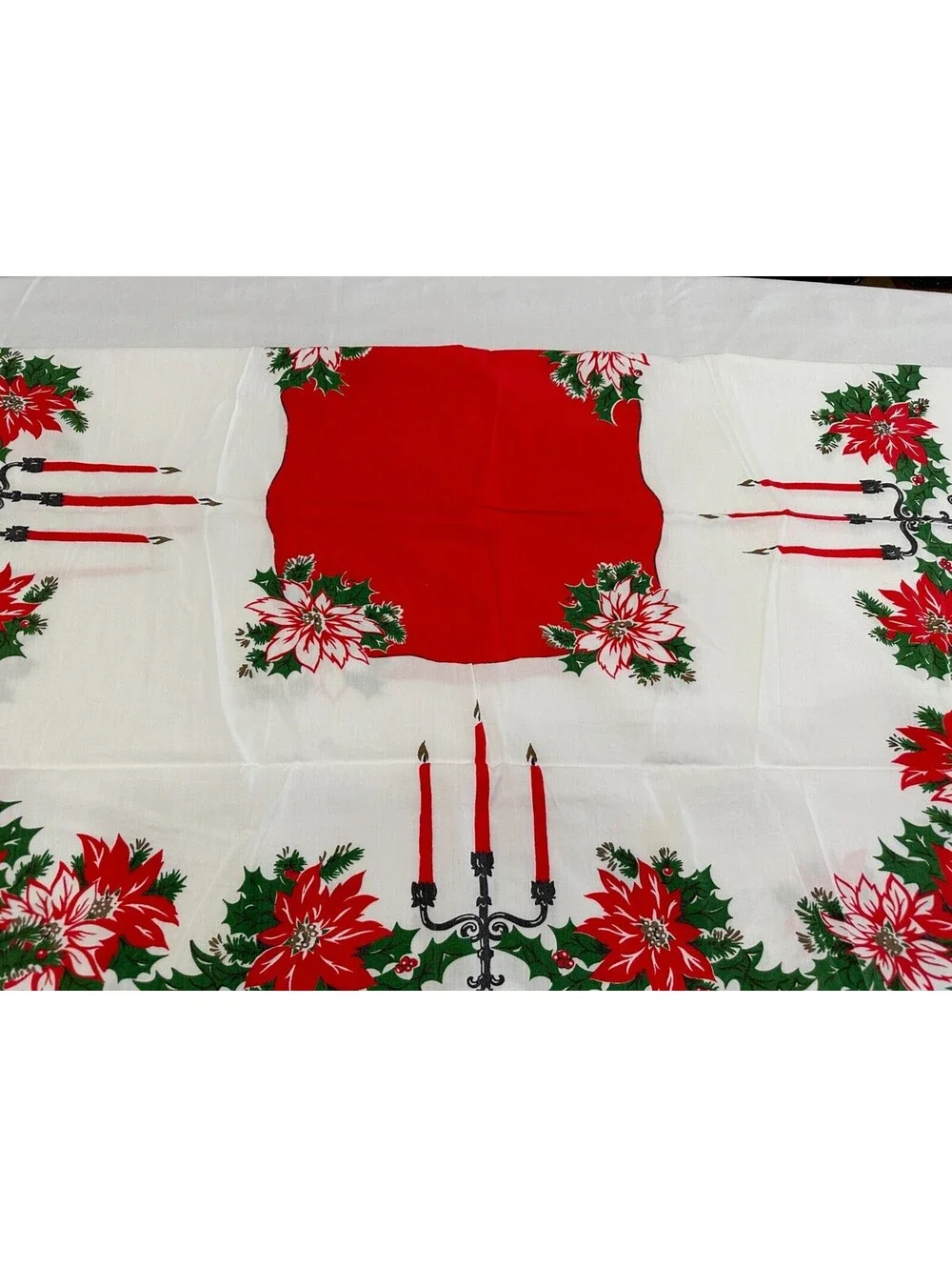 Christmas Holly Candle Poinsettia Holly Tablecloth White Red Rectangle